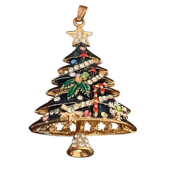 Betsey Johnson Christmas Tree Pendant Gold Tone Enamel 3D Rhinestones 3" 35.14g - Picture 1 of 6